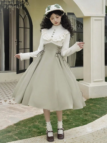 Light Green and Beige Ruffle Neckline Long Sleeves Spring Classic Lolita Dress Fake Two-pieces