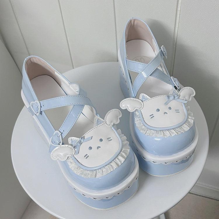 Tenshi Kaiwai Blue Round Toe Kitty Angel Heart Buckle Platform Lolita Shoes