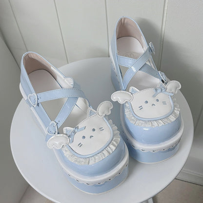 Tenshi Kaiwai Blue Round Toe Kitty Angel Heart Buckle Platform Lolita Shoes
