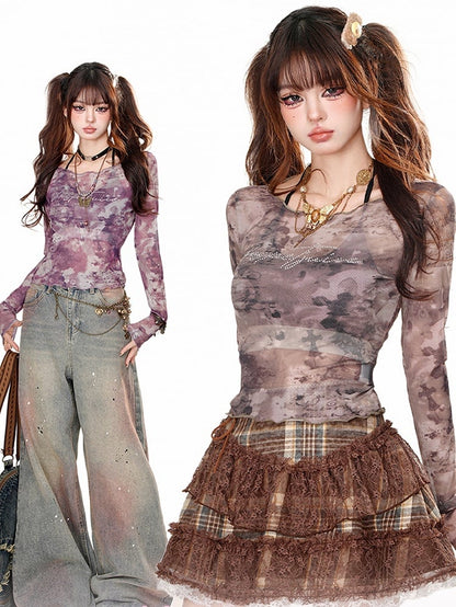 Purple/Brown Printed Mesh Top with Halter Neck Cami Top Set