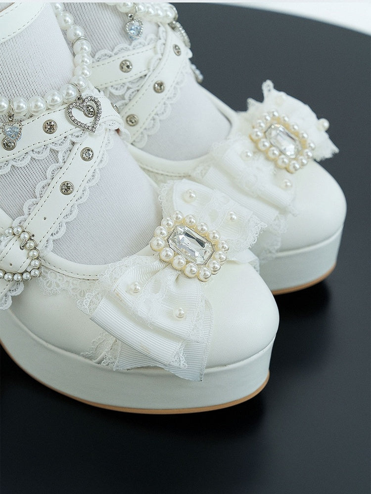 White Platform Mary Jane Shoes with Bow & Rhinestone - Sheep Puff
