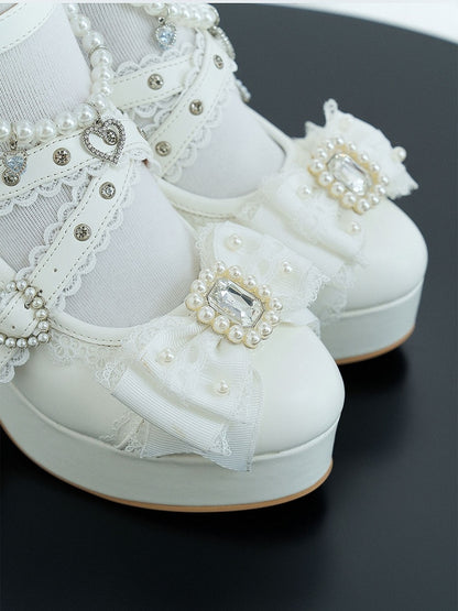 White Platform Mary Jane Shoes with Bow & Rhinestone - Sheep Puff