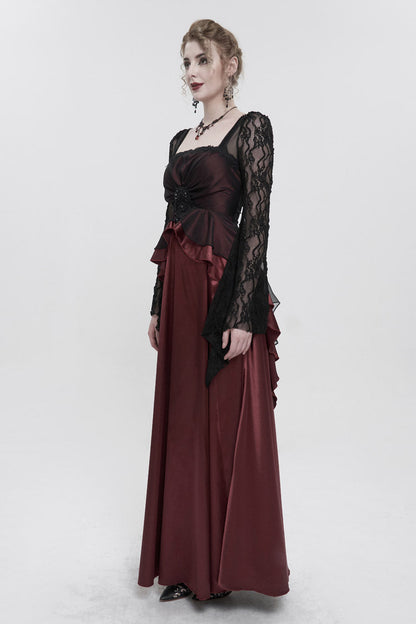 Crimson Lace Pointed Long Sleeves Back Zipper Satin Floor-Length Gothic Gown