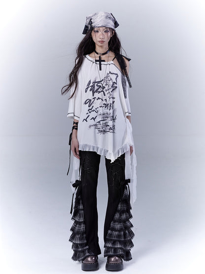 ウエストヘム付きグラフィックTシャツ ホワイト アシンメトリーネックライン フリルストラップ セルフタイ