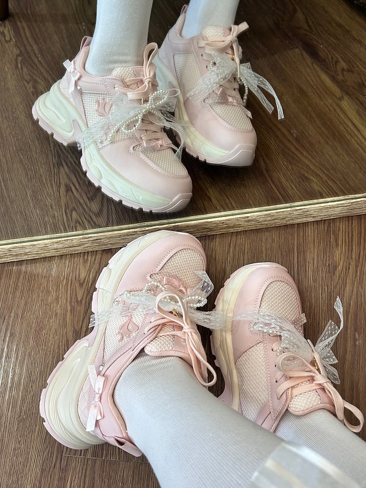 Front Lace-up Details Ties Sneakers Bowknot Decorated Beaded Pink