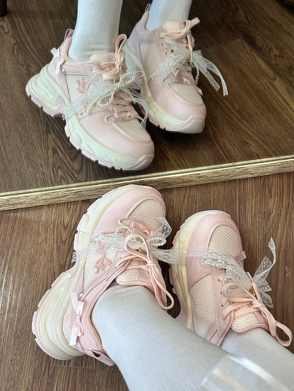 Front Lace-up Details Ties Sneakers Bowknot Decorated Beaded Pink