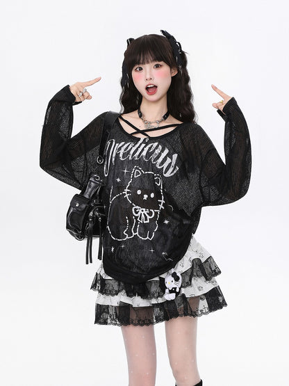 Black/White Semi-Sheer Knit Top with Cutout Sleeves and Cute Cat Print