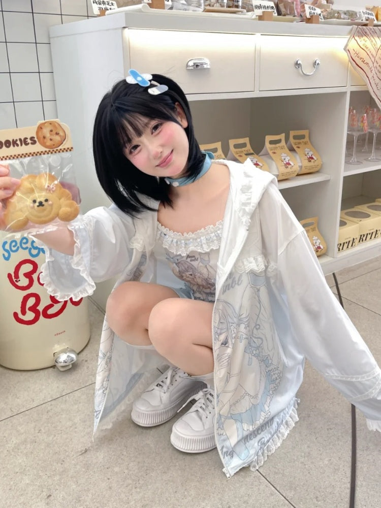 日焼け防止フード付き青と白のアニメガールプリントフリル裾ジャケットレース