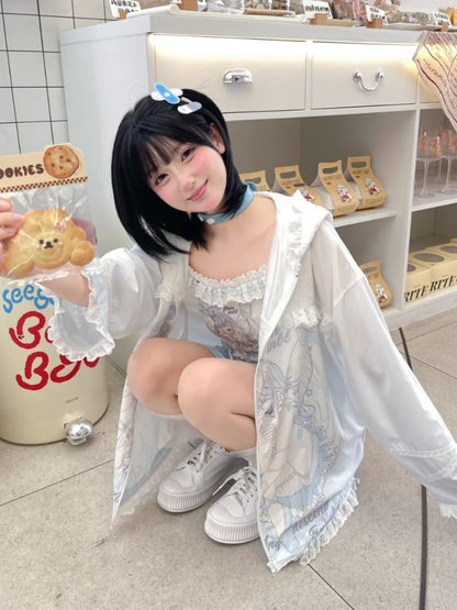 日焼け防止フード付き青と白のアニメガールプリントフリル裾ジャケットレース