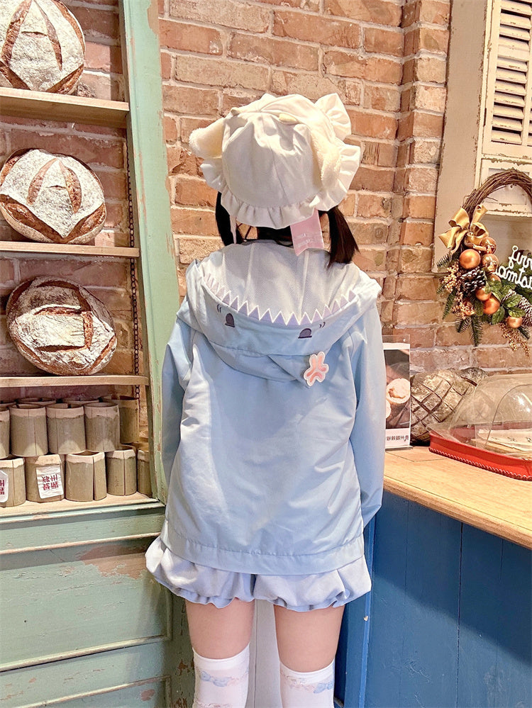 ジャケット シャークデザイン フード ブルー＆ホワイト カラーブロックデザイン ウィンドブレーカー