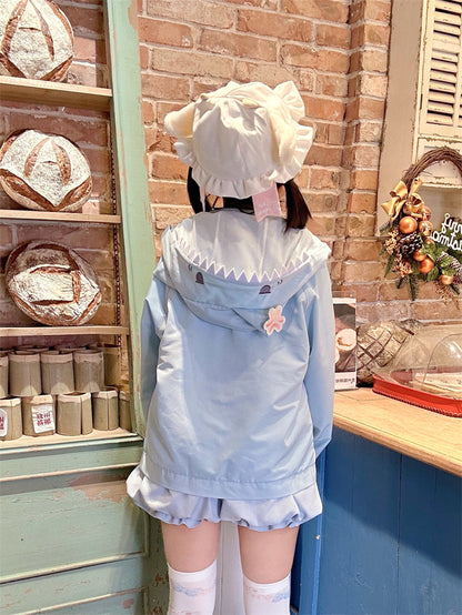 ジャケット シャークデザイン フード ブルー＆ホワイト カラーブロックデザイン ウィンドブレーカー