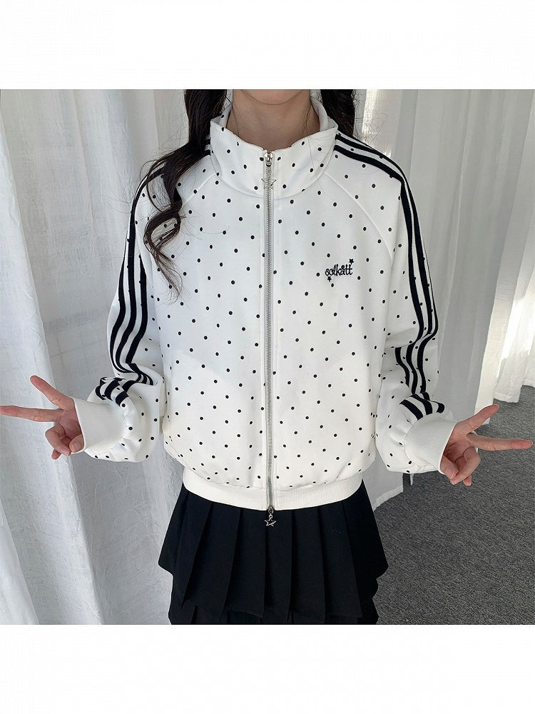 White Striped Zip-Up Jacket with Polka Dot Pattern - Solkatt