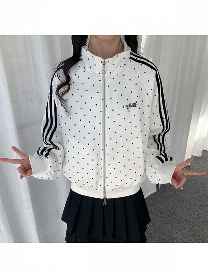 White Striped Zip-Up Jacket with Polka Dot Pattern - Solkatt
