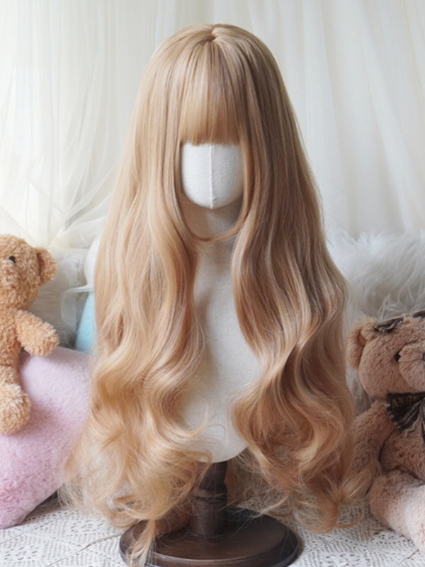 Blond/Karamell/Orange/Hellblond, hüftlange, gewellte Perücke mit vollem Pony