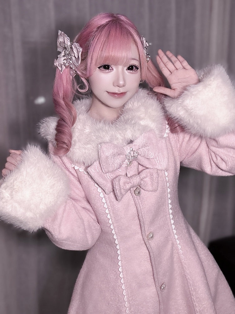 Long Landmine Cuffs Style Collar with Bow-Detailed Coat Waist-Cinching Pink Furry