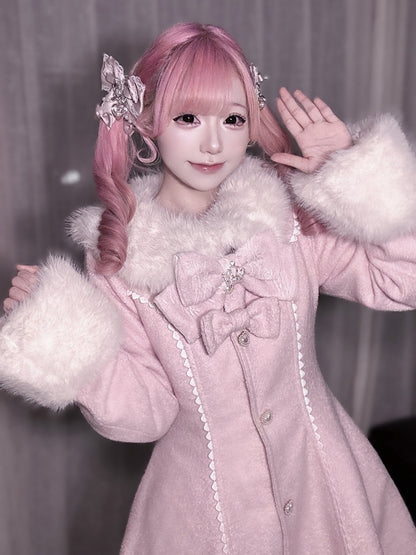 Long Landmine Cuffs Style Collar with Bow-Detailed Coat Waist-Cinching Pink Furry