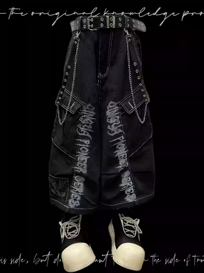 Jeans Schwarz Punk Print Vintage Weites Bein Cargo