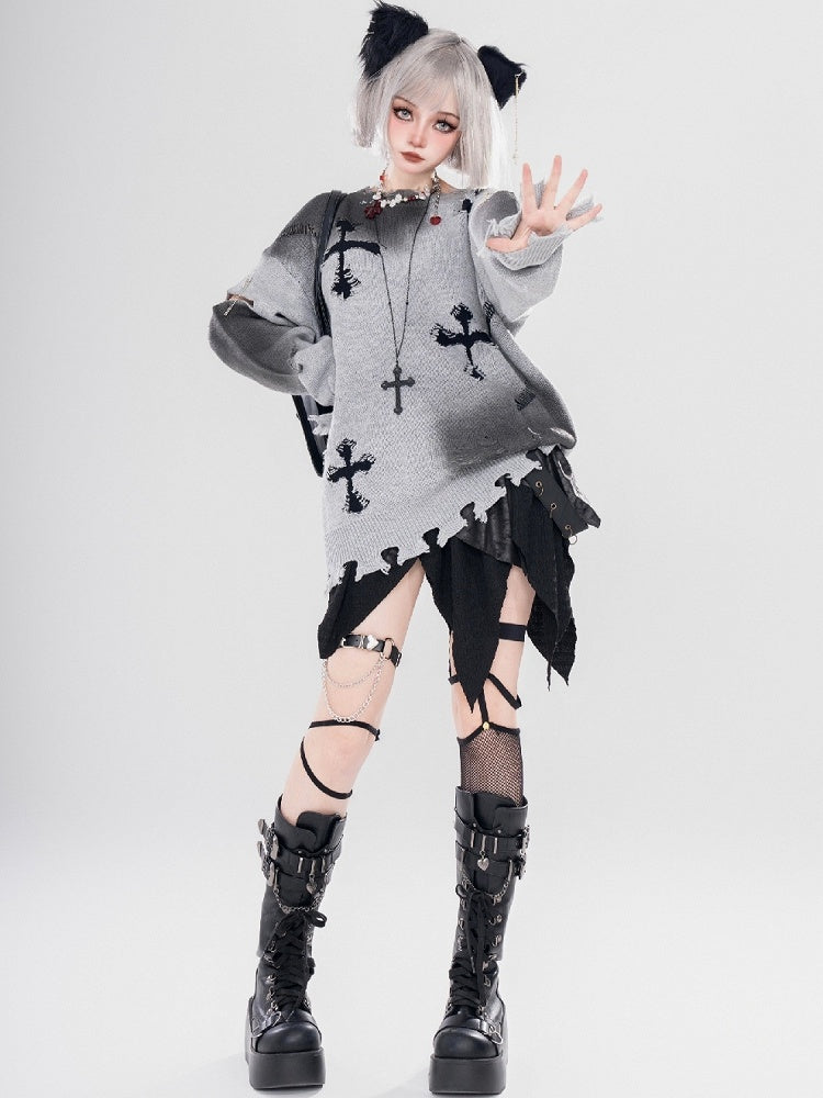Y2K ブラック/グレー クロスシェイプ ダメージ加工 ホールズ ラウンドネック セーター