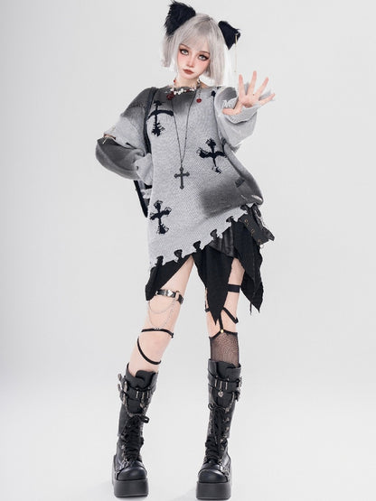 Y2K ブラック/グレー クロスシェイプ ダメージ加工 ホールズ ラウンドネック セーター