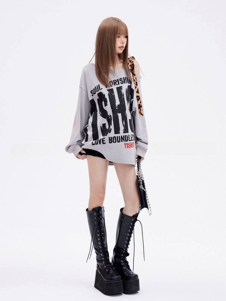 Grauer asymmetrischer Ausschnitt Leopard Glamouröses Sweatshirt Buchstabendruck Riemen