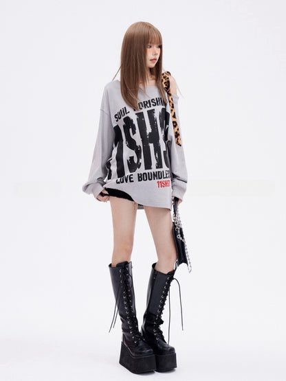 Grauer asymmetrischer Ausschnitt Leopard Glamouröses Sweatshirt Buchstabendruck Riemen