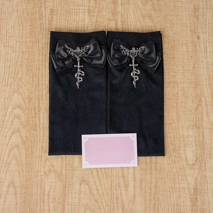 Accents Black Bowknot Regular/Long Kei Knee Over Gothic Stockings Jirai Metal Snake Version