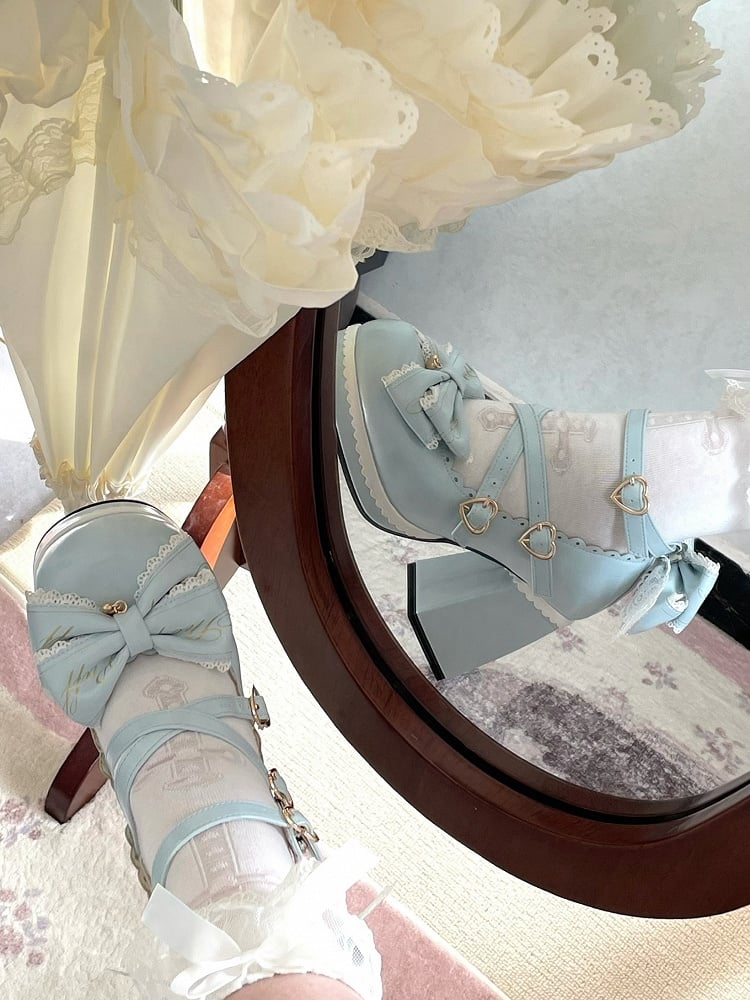 Heels Herz am Block Hohe Schnallen Blaue Schleife Kreuzmuster Abnehmbares Oberteil