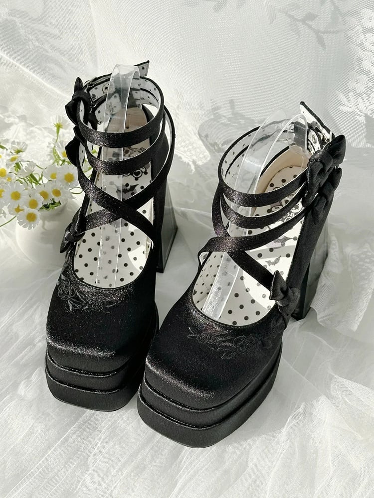 Black Camellia Flower High Block Heel Elegant Platform High Heels - Panda Lolita