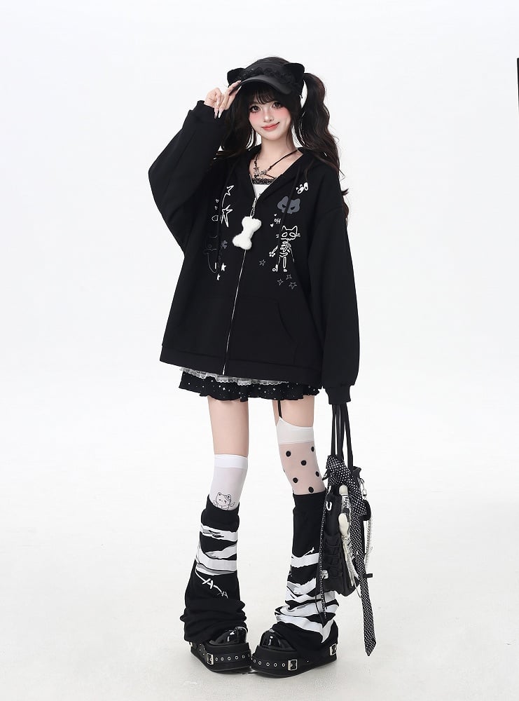 Bone Plushie Schwarz/Grau Zip-up Hoodie mit Kitty Ohren Kapuze und