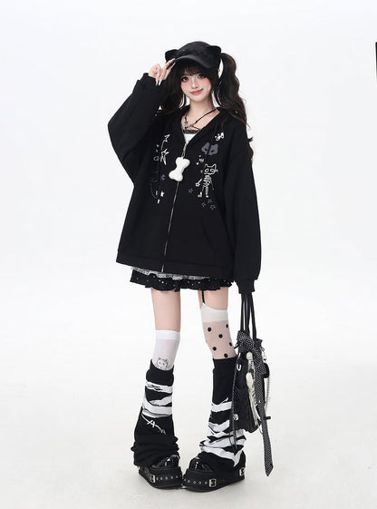 Bone Plushie Black/Gray Zip-up Hoodie with Kitty Ears Hood and
