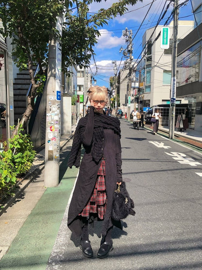 Front Placket Shawl Black Top with Scarf Asymmetrical Button Textured