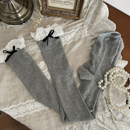 Bowknot Trim Knee Stockings Gray/White Light Over Lace
