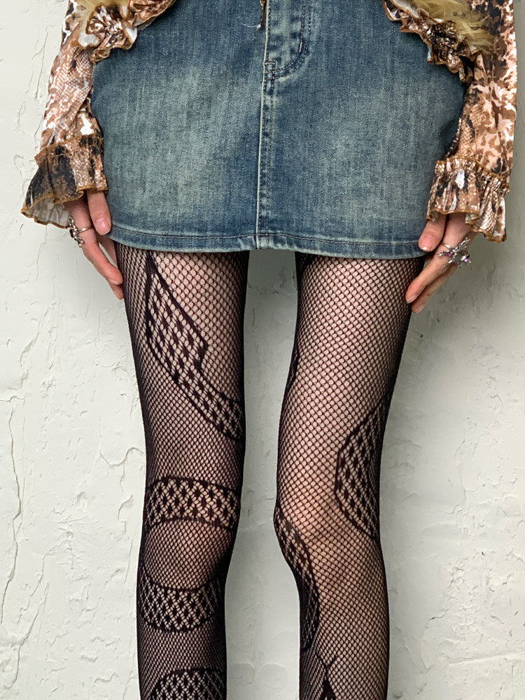 Y2K Black Snake Print Openwork Tights