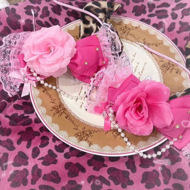 Leopard Showa-style Hime KC Floral Headpiece Lace Pink with Print