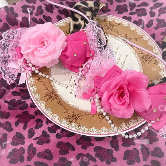 Leopard Showa-style Hime KC Floral Headpiece Lace Pink with Print