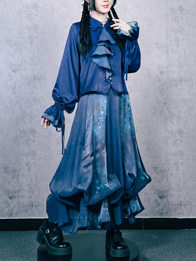 Gradient Convertible Hem Jellyfish Print Skirt with Bubble Blue