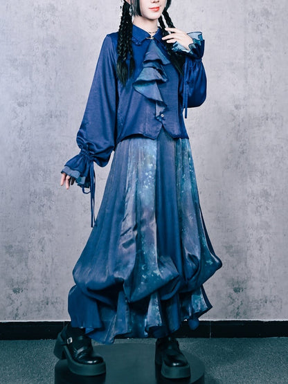 Gradient Convertible Hem Jellyfish Print Skirt with Bubble Blue