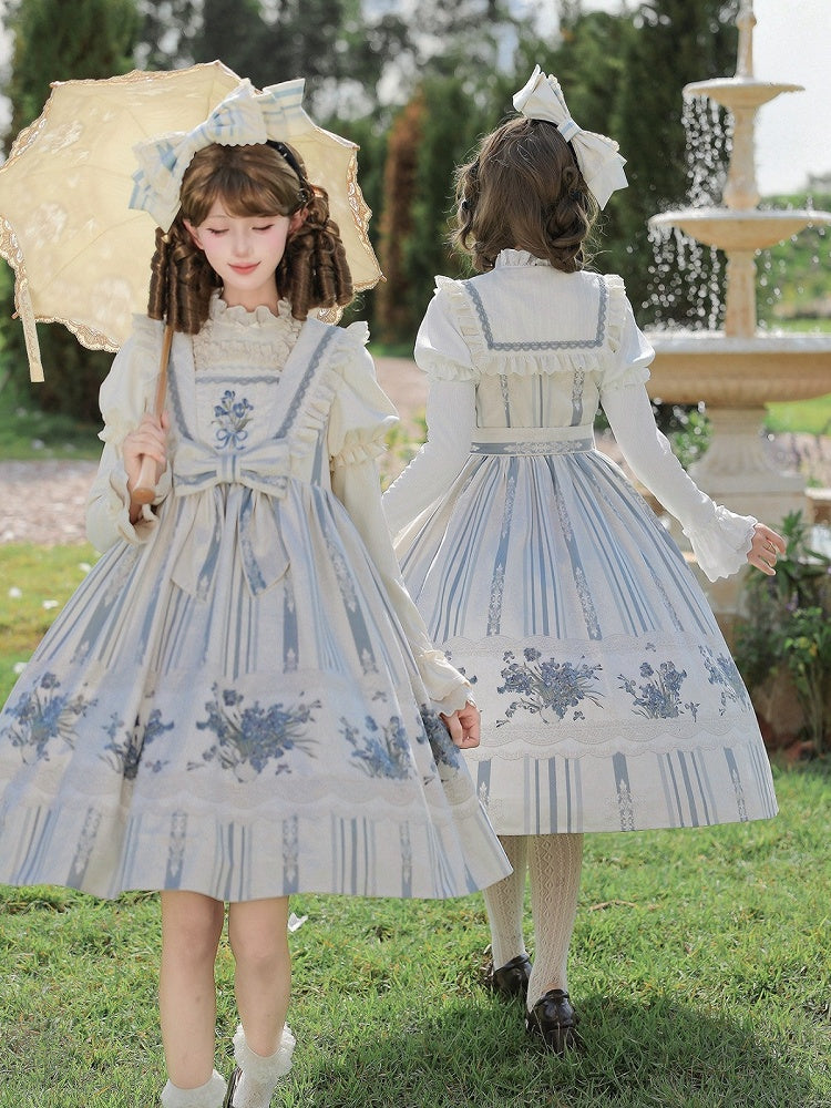 Long Blue & White Striped Floral Embroidered JSK Set with Knit Top, Belt & KC - With PUJI