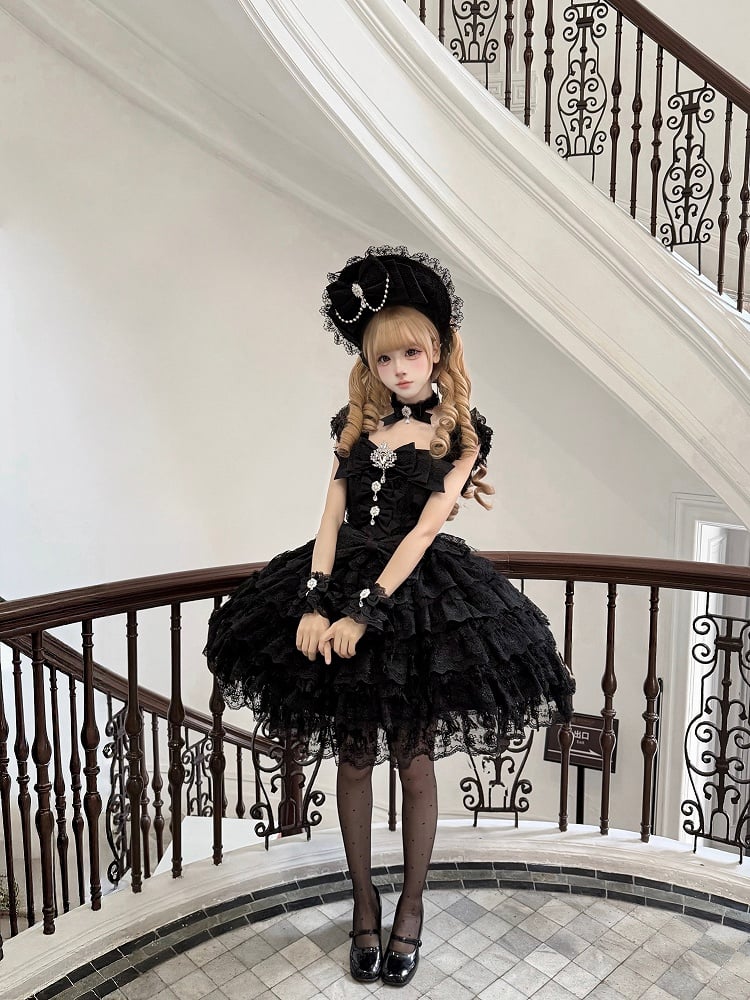 Sweet Hime-Style Rhinestone Lolita Multi-Layered with Black / Dress Skirt Details Bow Train Choker Big JSK Lace +