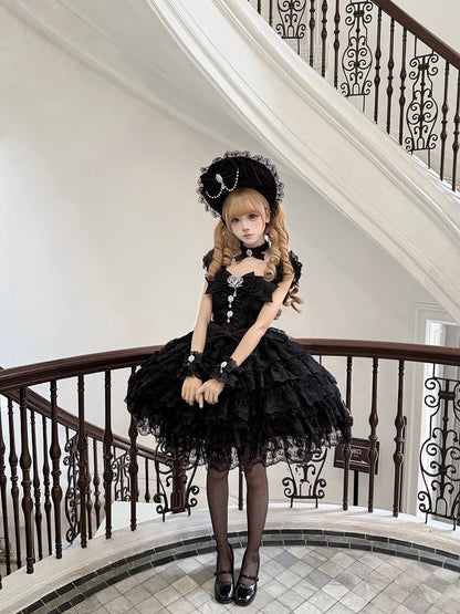 Sweet Hime-Style Rhinestone Lolita Multi-Layered with Black / Dress Skirt Details Bow Train Choker Big JSK Lace +