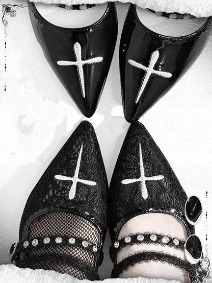 Stiletto Toe Heel Embroidery Pointed Cross Black Polished Sandals Gothic with 6cm