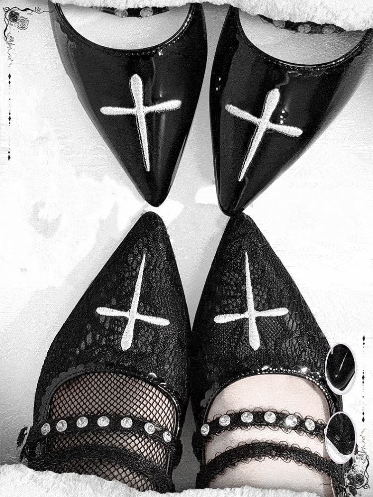 Stickerei Kreuzabsatz mit Stiletto-Spitzensandalen 6 cm Gothic Spitzschuh Schwarz