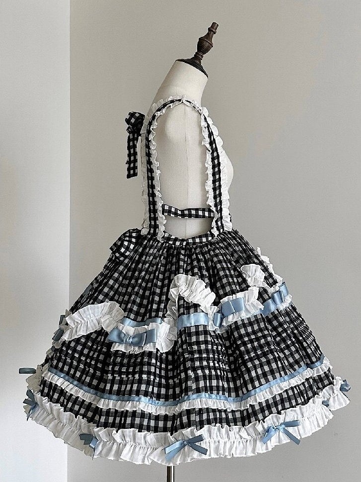 Monochrome Checkered Frilly Bow Lolita Jumperdress