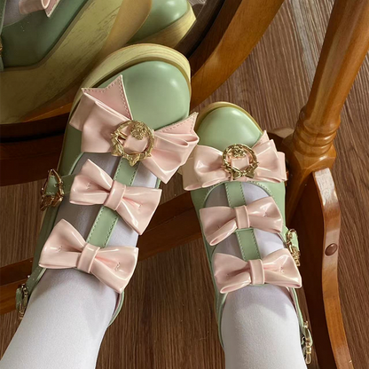 Pink Snap - Green Lolita Toe Pointed Bow Accents Ornate Hime Platforms Design