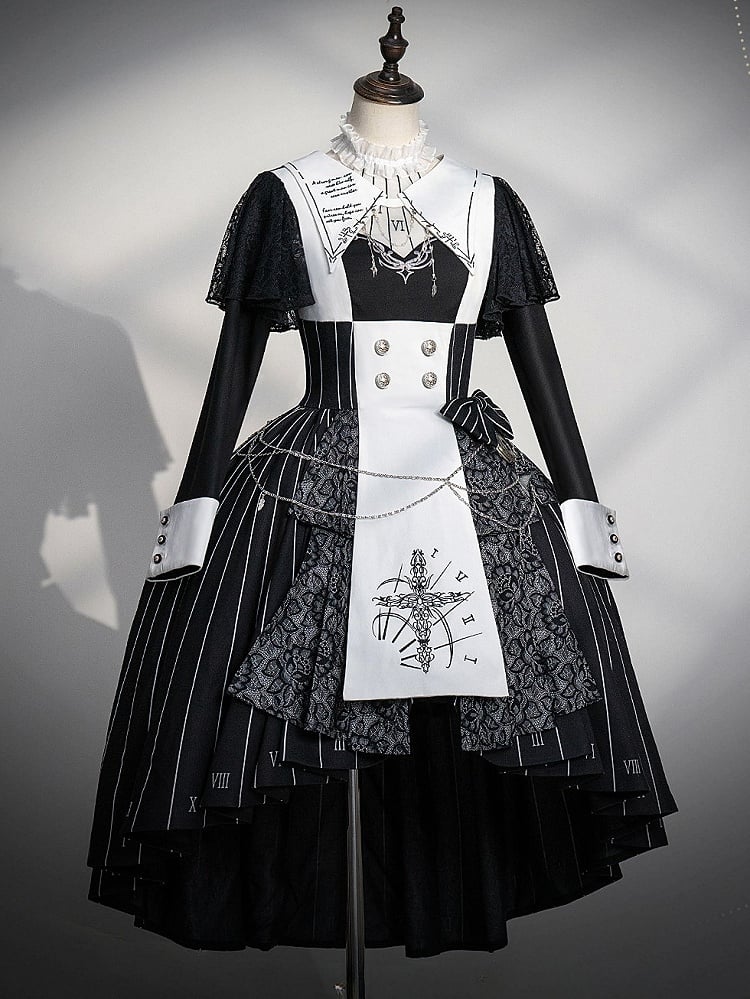 Chain+Pocket Chain+Detachable Collar Watch Embroidery+Waist Cross White Set Full Dress Striped with Nun Lolita Belt+Waist Black