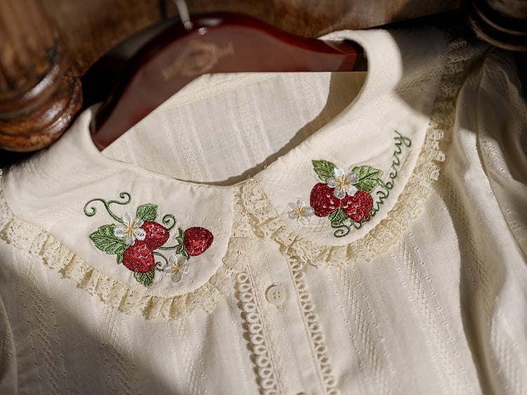 Cream Short Sleeve Lolita Blouse with Red Strawberry Embroidery Collar - Dream Magic Box