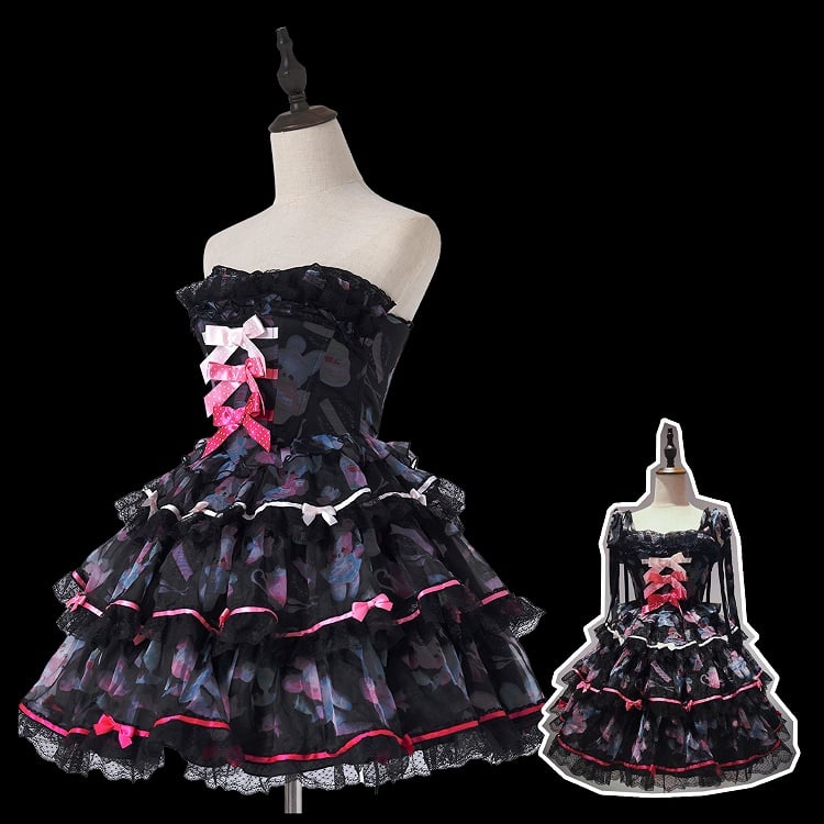 Satin Akzente Boning Süßes Kleid Lolita Schleife Print Bunny Schwarz
