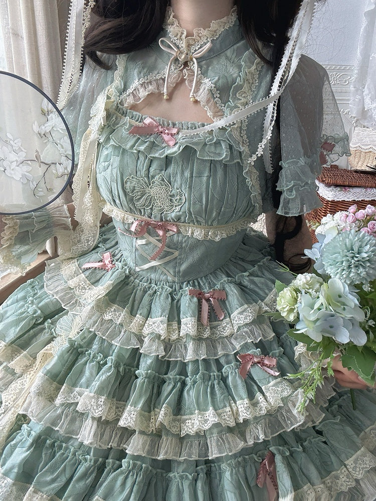 Lolita Dress Ruffles Embroidery Sweet Green and Goldfish Tiered Details Lace with