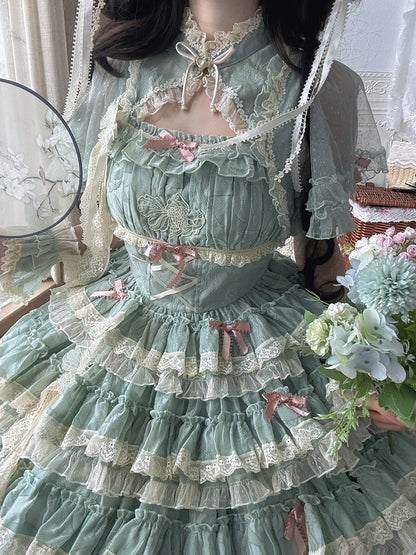 Lolita Dress Ruffles Embroidery Sweet Green and Goldfish Tiered Details Lace with