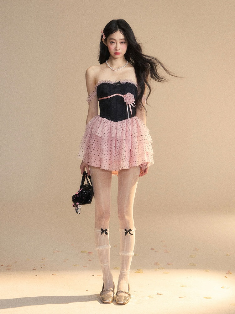 Dress Tiered Polka-Dot Mesh Skirt Floral Black  Pink Mini Accent Pattern